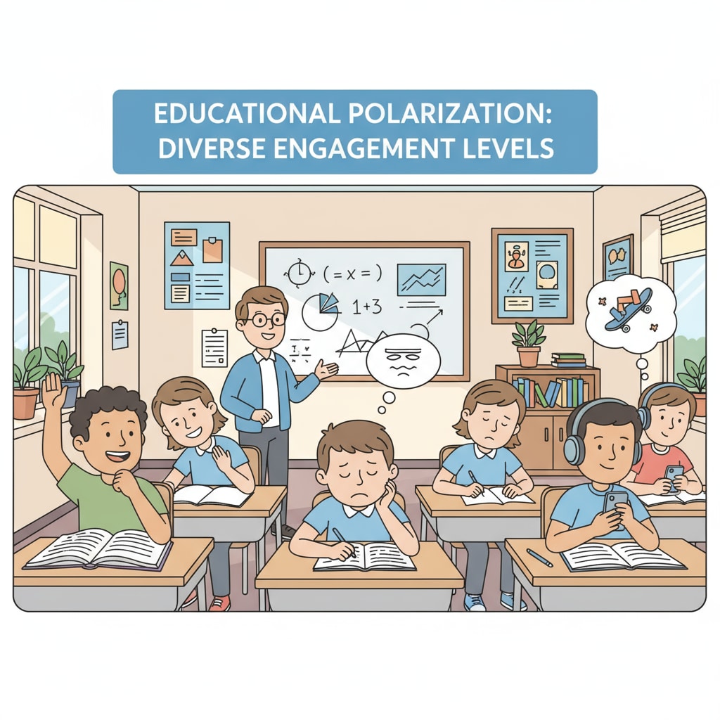Classroom scene depicting educational polarization, behavior management issues, and lack of learning opportunities for middle students