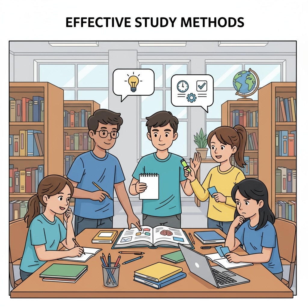 High school students discussing study methods and academic skills in a library