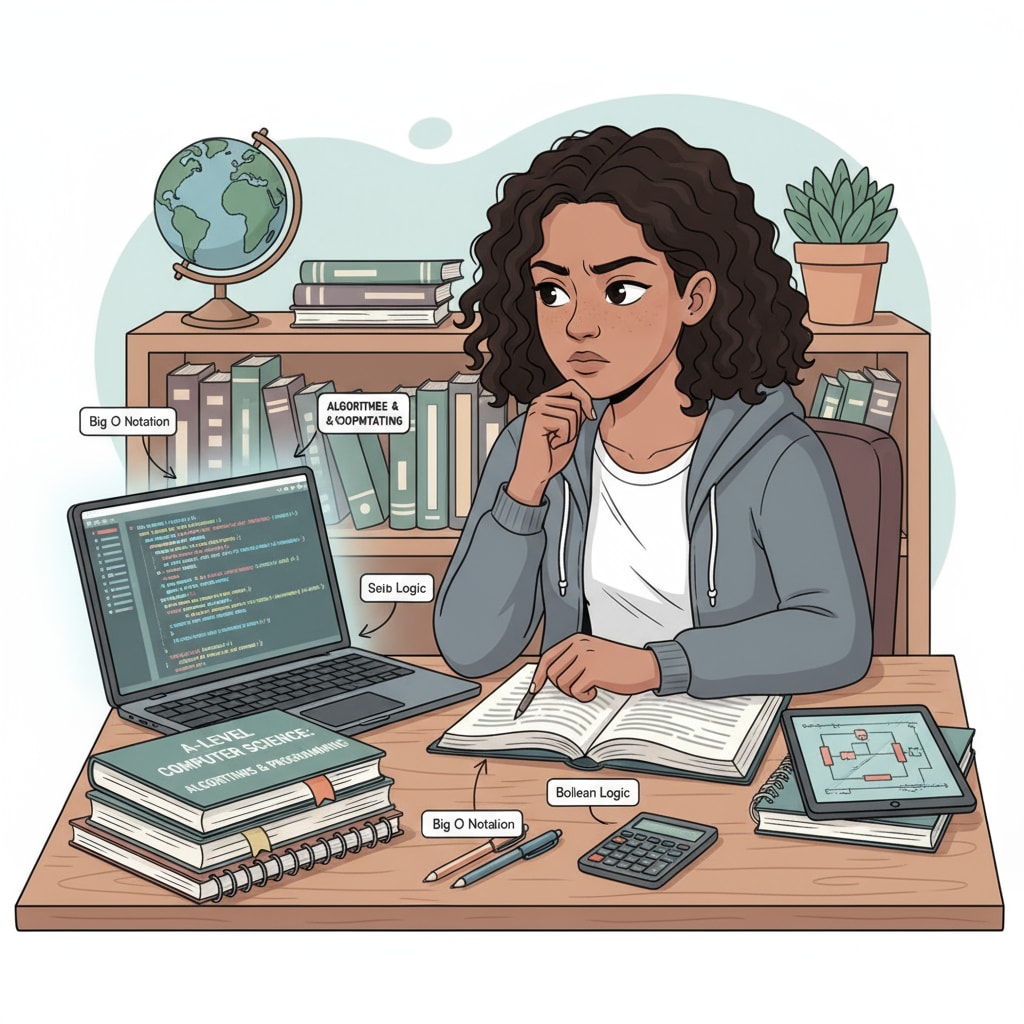 A young student sitting at a desk, looking at textbooks related to computer science and A-level courses, with a thoughtful expression A student contemplating educational choices regarding computer science A-level courses