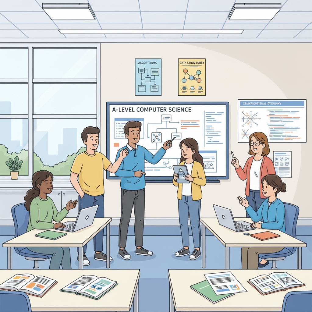 A classroom scene with students discussing computer science concepts during an A-level class Students engaged in computer science discussions during A-level classes