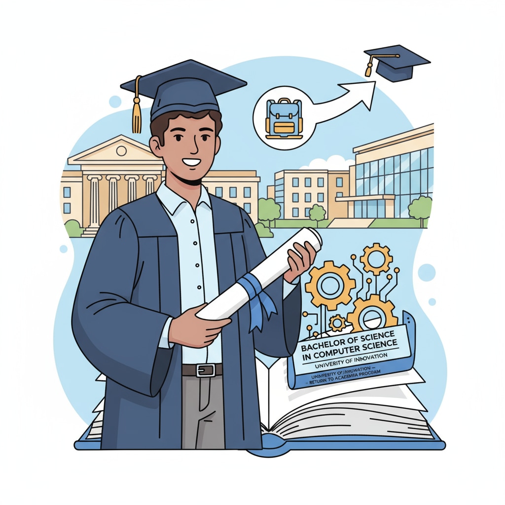 A student smiling while holding a diploma related to computer science after successfully returning to academia A student celebrating success in computer science academia after re-entry