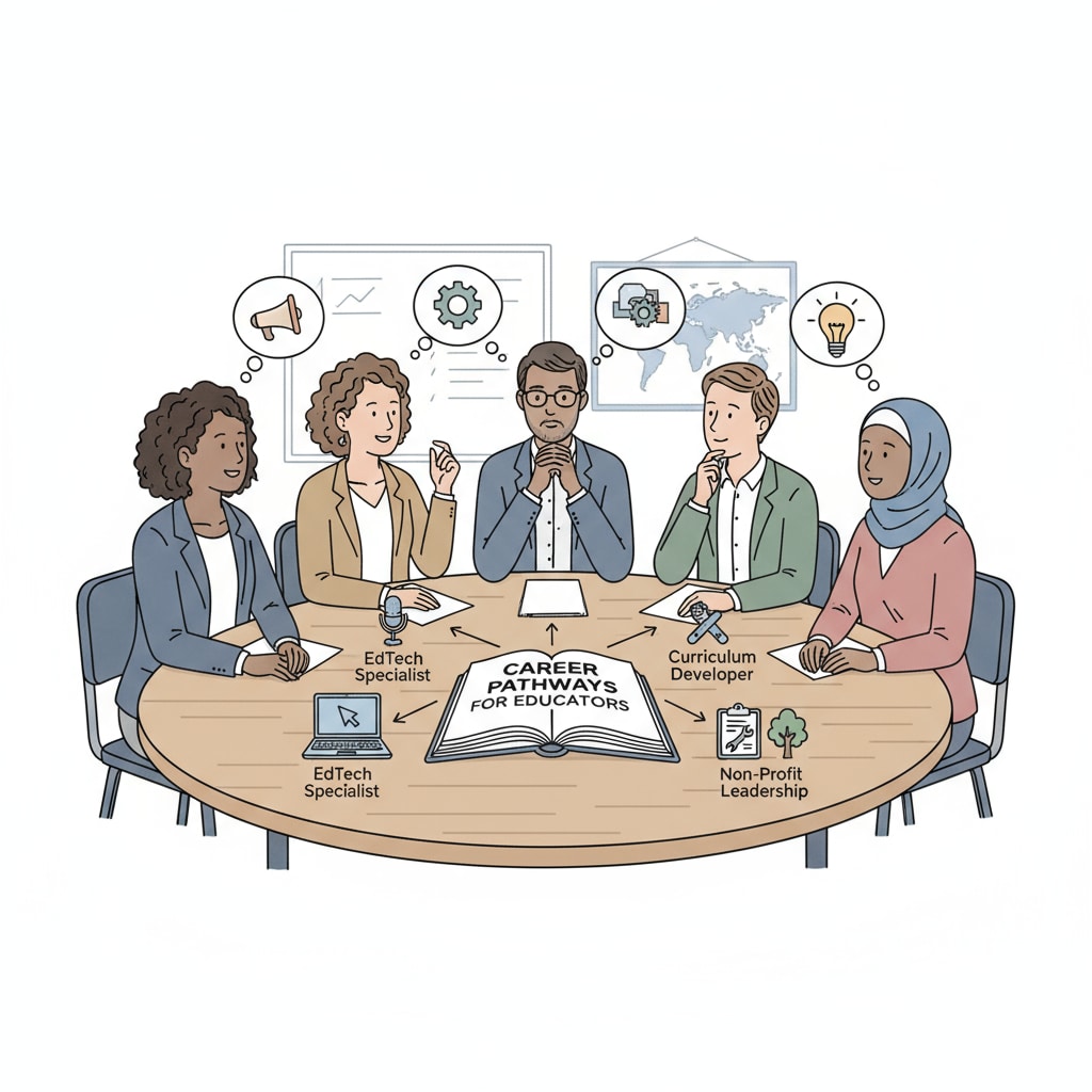 A group of teachers sitting around a table, engaged in a discussion about their career transition options. Teachers discussing career transition options related to ABA therapy