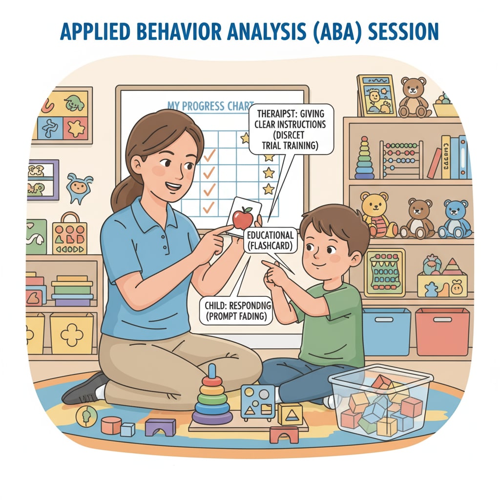 A therapist is working with a child in a room filled with educational toys. The therapist is using ABA techniques to engage the child. Therapist conducting ABA therapy session relevant to teacher career transition