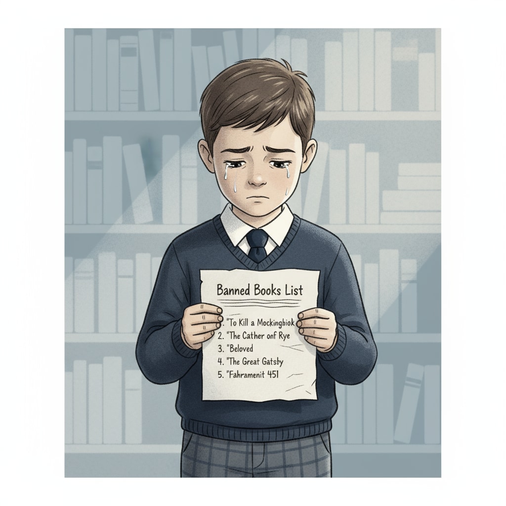 Sad student holding a list of banned books related to LGBTQ+ and diversity education