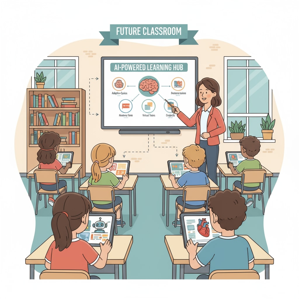 Students are using tablets with various AI - based learning apps in a classroom setting, showing engagement in learning activities. Students using AI - based learning tools in a classroom