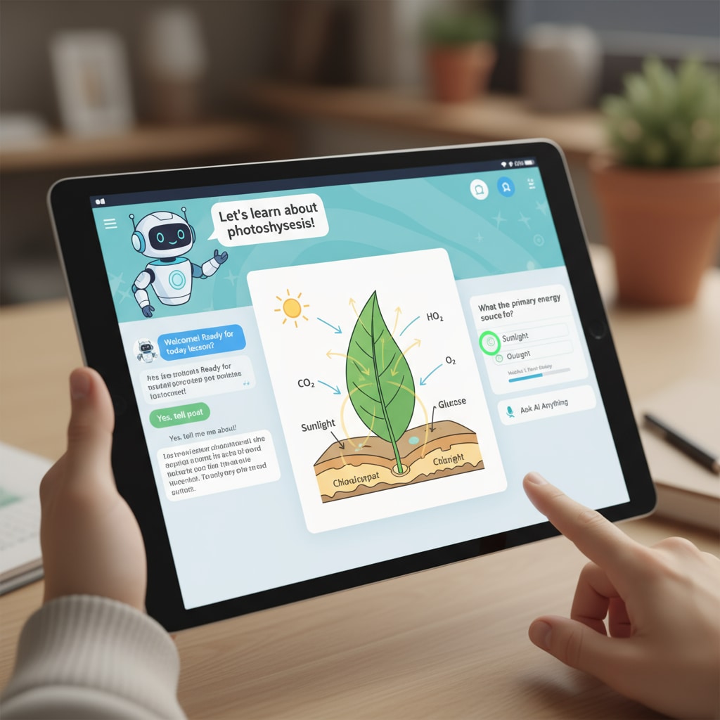 A close - up view of an AI - based tutoring app on a tablet, displaying interactive learning features. Close - up of an AI - based learning tool
