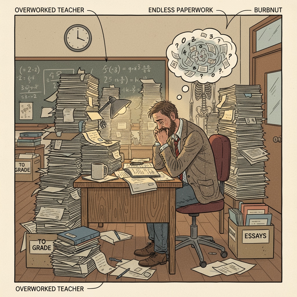 Tired educator in higher education dealing with uncompensated duties.