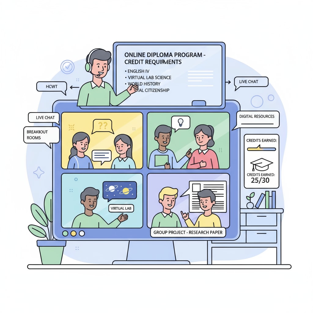 Online high school students interacting in a virtual classroom to meet credit requirements for their diplomas