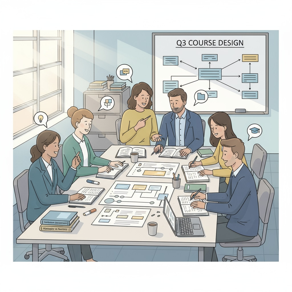 A group of teachers is gathered around a table in a classroom, discussing and planning course design. They have papers and pens in front of them, and there are some textbooks and laptops on the table. Teachers discussing course design for student engagement