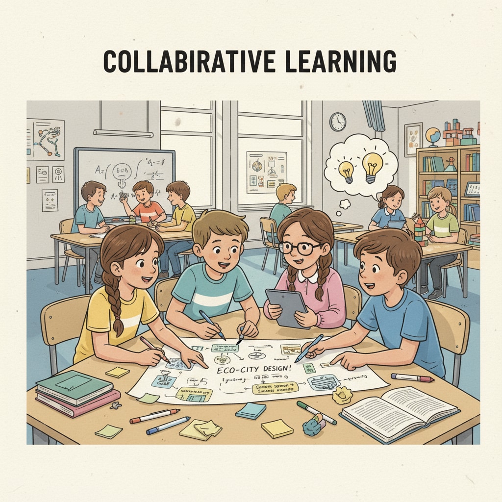 In a classroom, students are divided into groups. They are working on a group project, collaborating, sharing ideas, and writing on a large sheet of paper. Students actively participating in a group project for effective learning