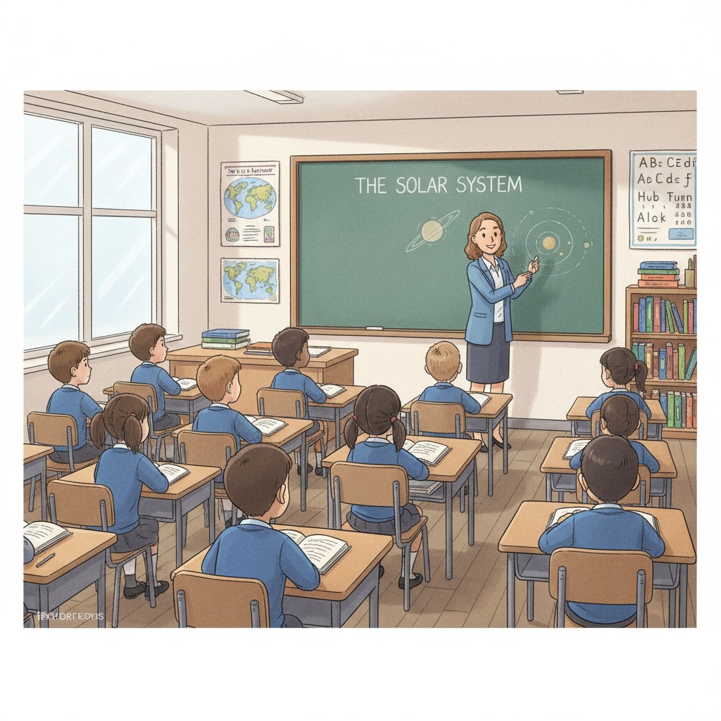 A traditional classroom scene where a teacher is writing on a chalkboard and students are sitting at their desks, attentively listening. Traditional teaching method in a classroom setting