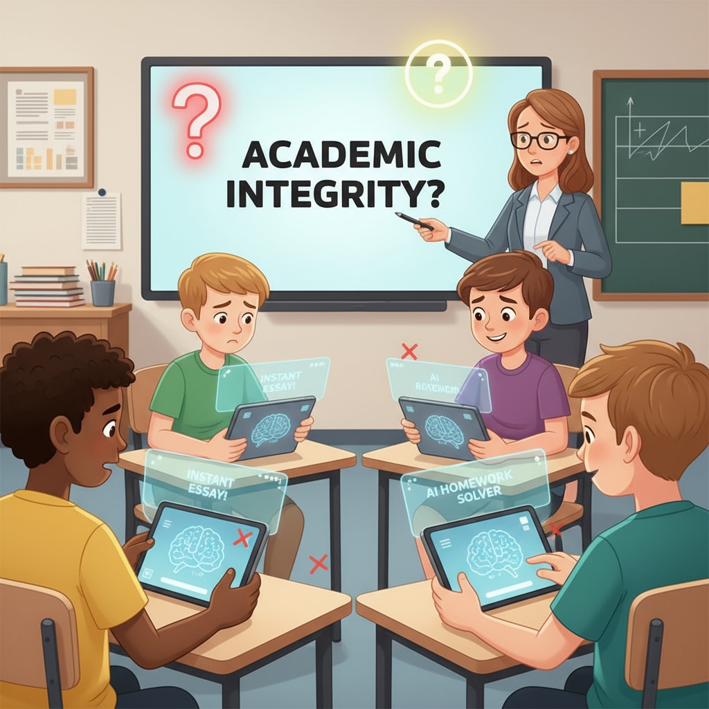 A classroom scene showing students using AI - enabled devices, highlighting the potential for academic integrity issues. K12 students using AI devices and the concern of academic integrity, AI policies, and skill depreciation