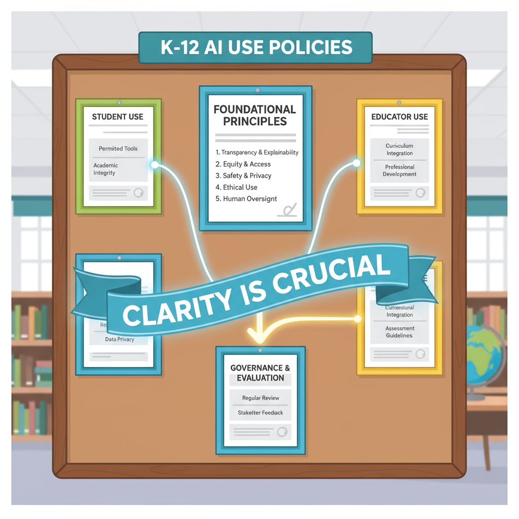 A policy board displaying rules regarding AI use in K12 education, emphasizing the importance of clear AI policies. Policy board for AI use in K12 education related to academic integrity, AI policies, and skill depreciation