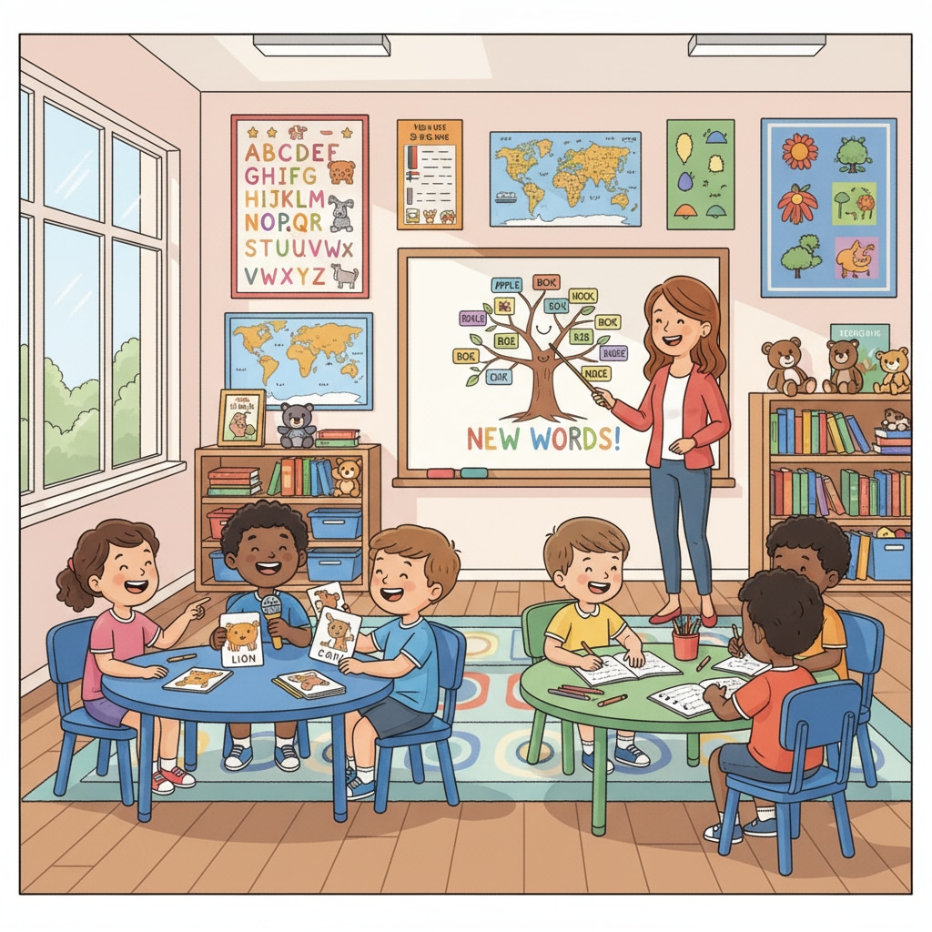 Children in a primary school English classroom, actively participating in language learning activities English teaching for lower primary school students in a classroom setting