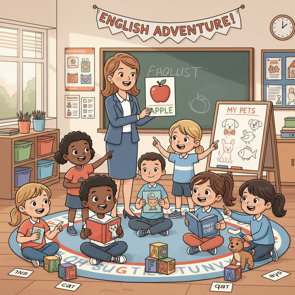 A group of lower primary school students participating in an English immersion activity Lower primary school students involved in an English immersion program