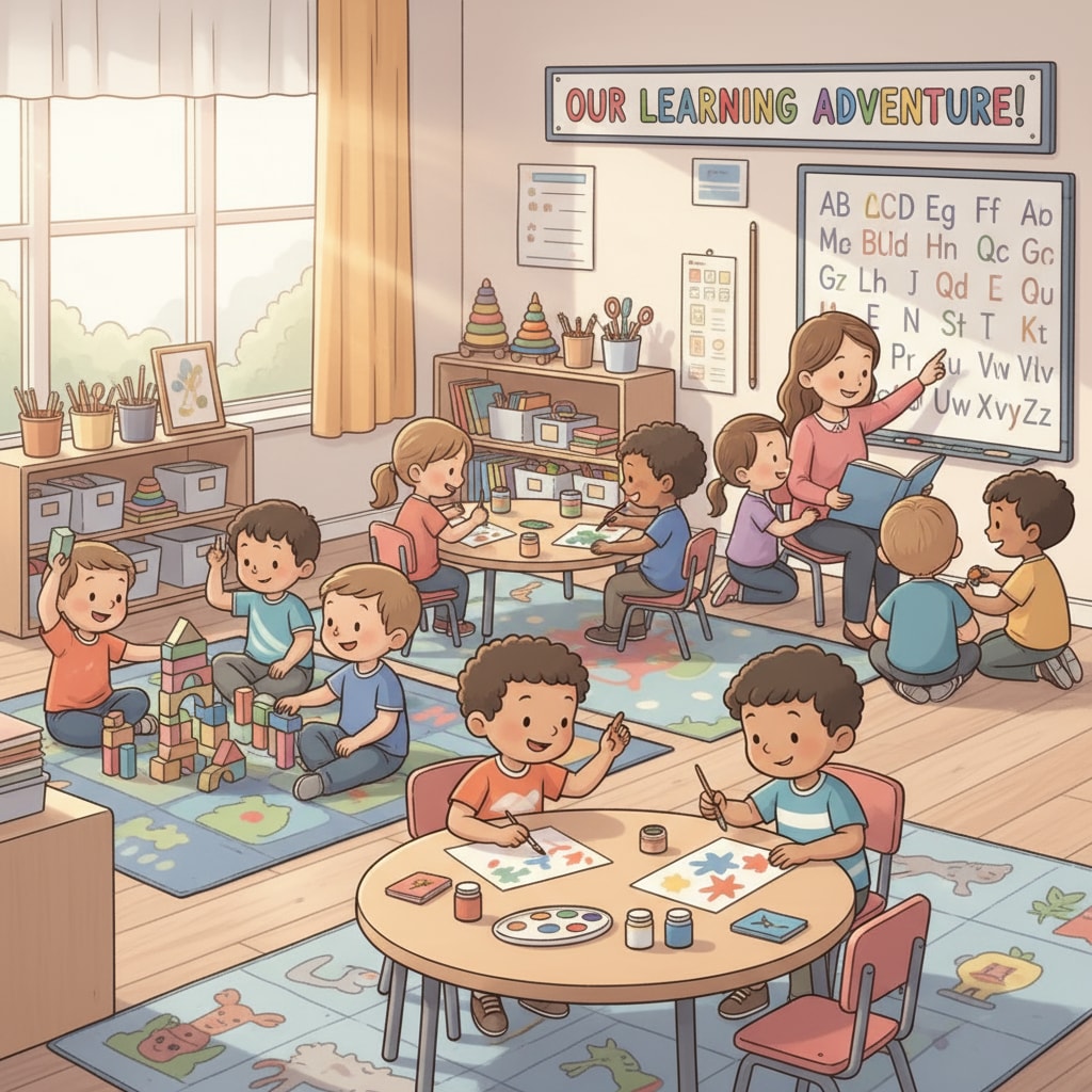 A classroom scene with kindergarten children participating in various activities, showing the educational environment of early childhood. Kindergarten children in a learning environment related to gifted programs and educational equality