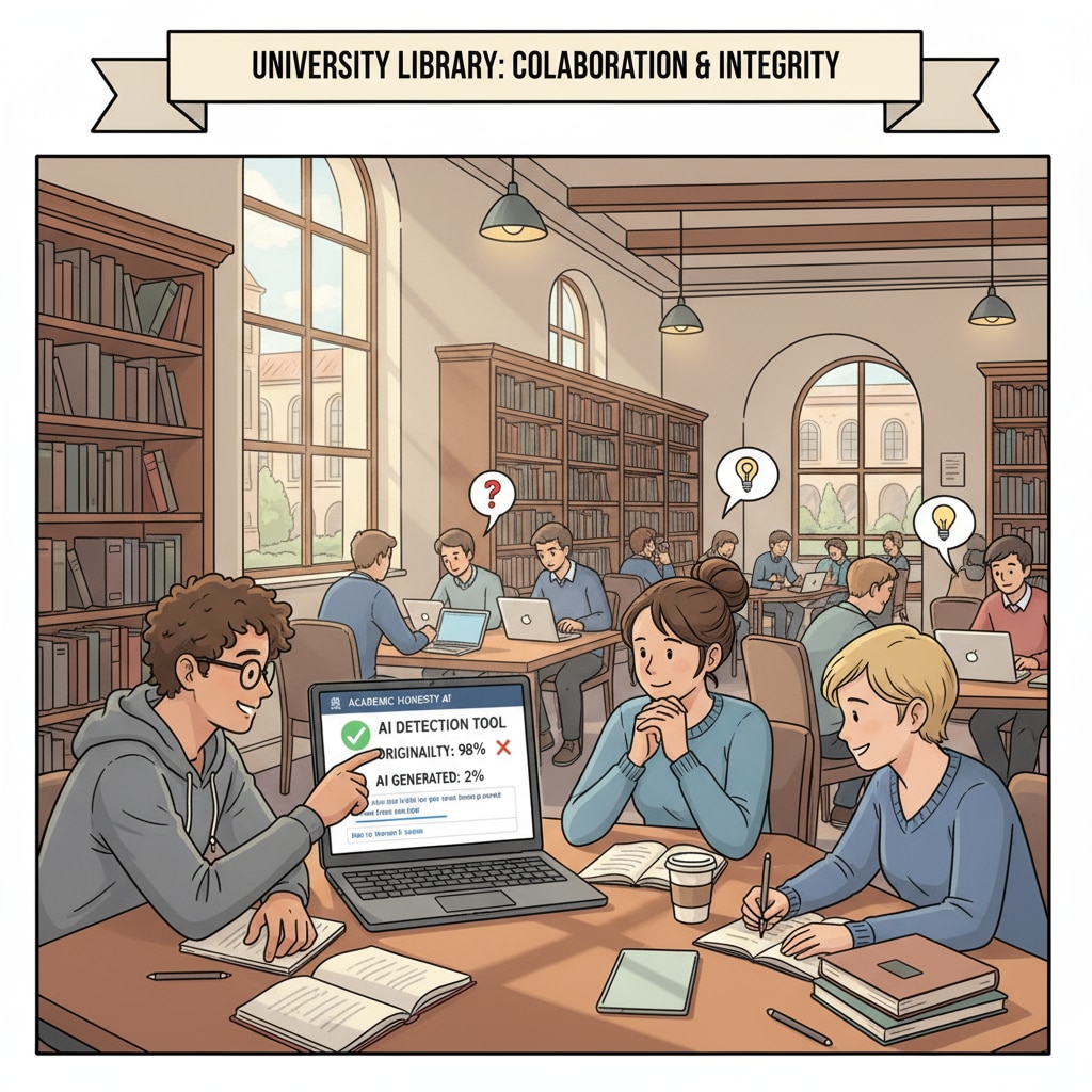 Students working on assignments in a university library, with a laptop screen showing an AI detection tool interface Students in library with AI detection tool on laptop, related to university false accusations of AI use