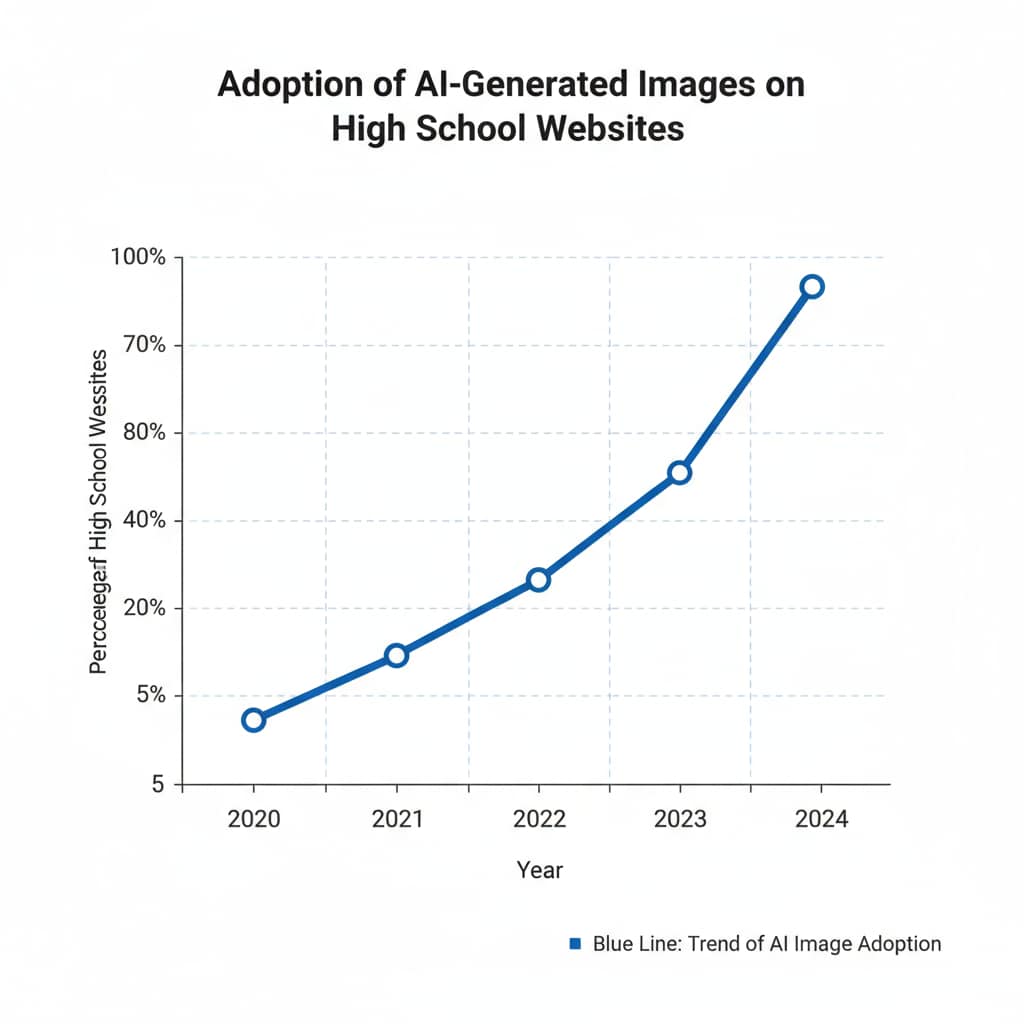 A graph showing the increasing trend of high school websites adopting AI-generated images over the past few years A graph depicting the growth in the use of AI-generated images on high school websites, highlighting the trend in educational technology related to ethics