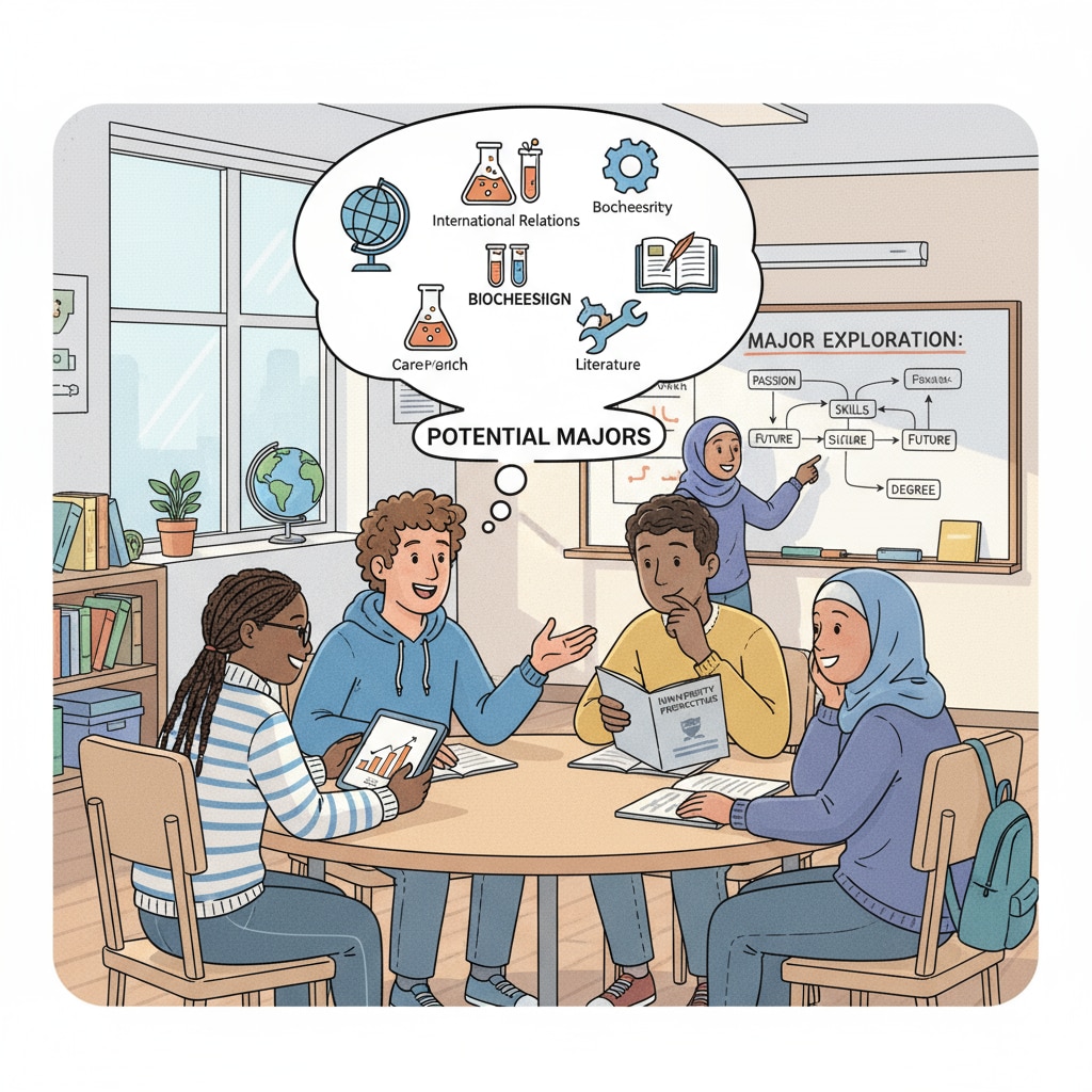 A group of students are sitting around a table in a classroom, having an animated discussion about their potential university majors. Students discussing university major choices in a classroom