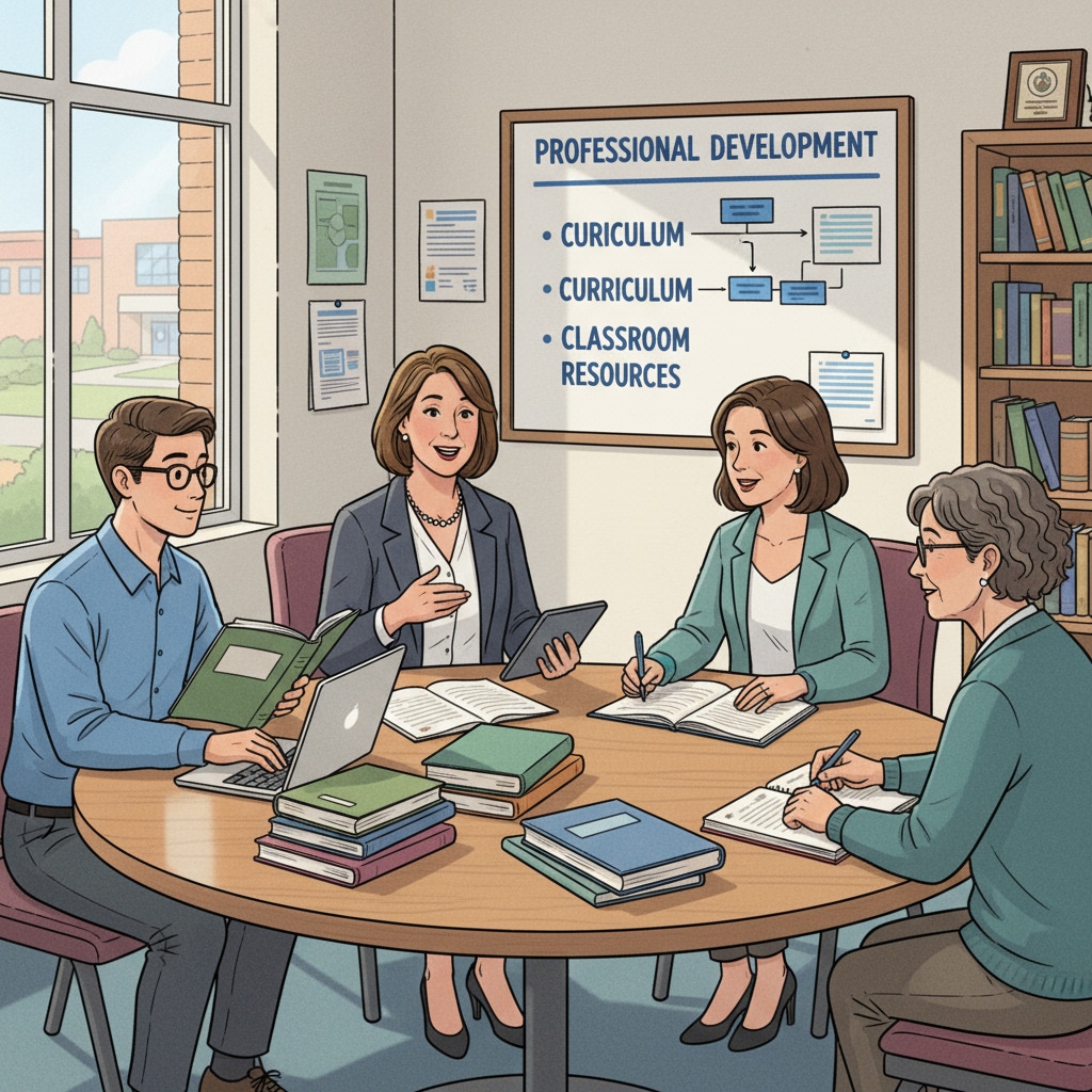 An HR manager in a school district office, discussing with teachers, related to HR主管,学区工作,职业转换