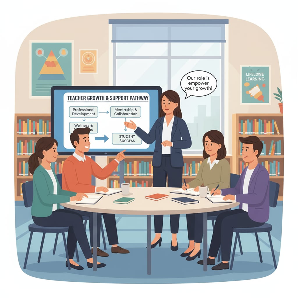 A group of teachers and an HR manager in a school district attending a professional development session, relevant to HR主管,学区工作,职业转换