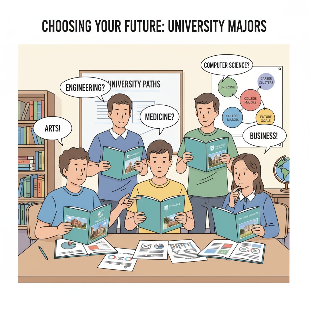 A group of high school students are having a lively discussion about which university majors to choose in a classroom setting. They are looking at brochures and sharing their thoughts. High school students discussing university major selection for career planning and interest exploration