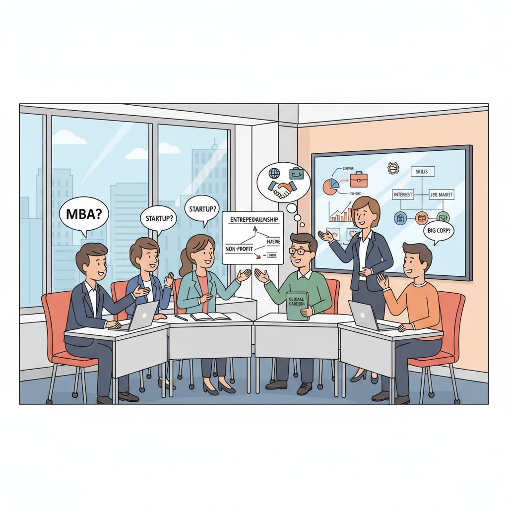 Business students discussing career options in higher education.