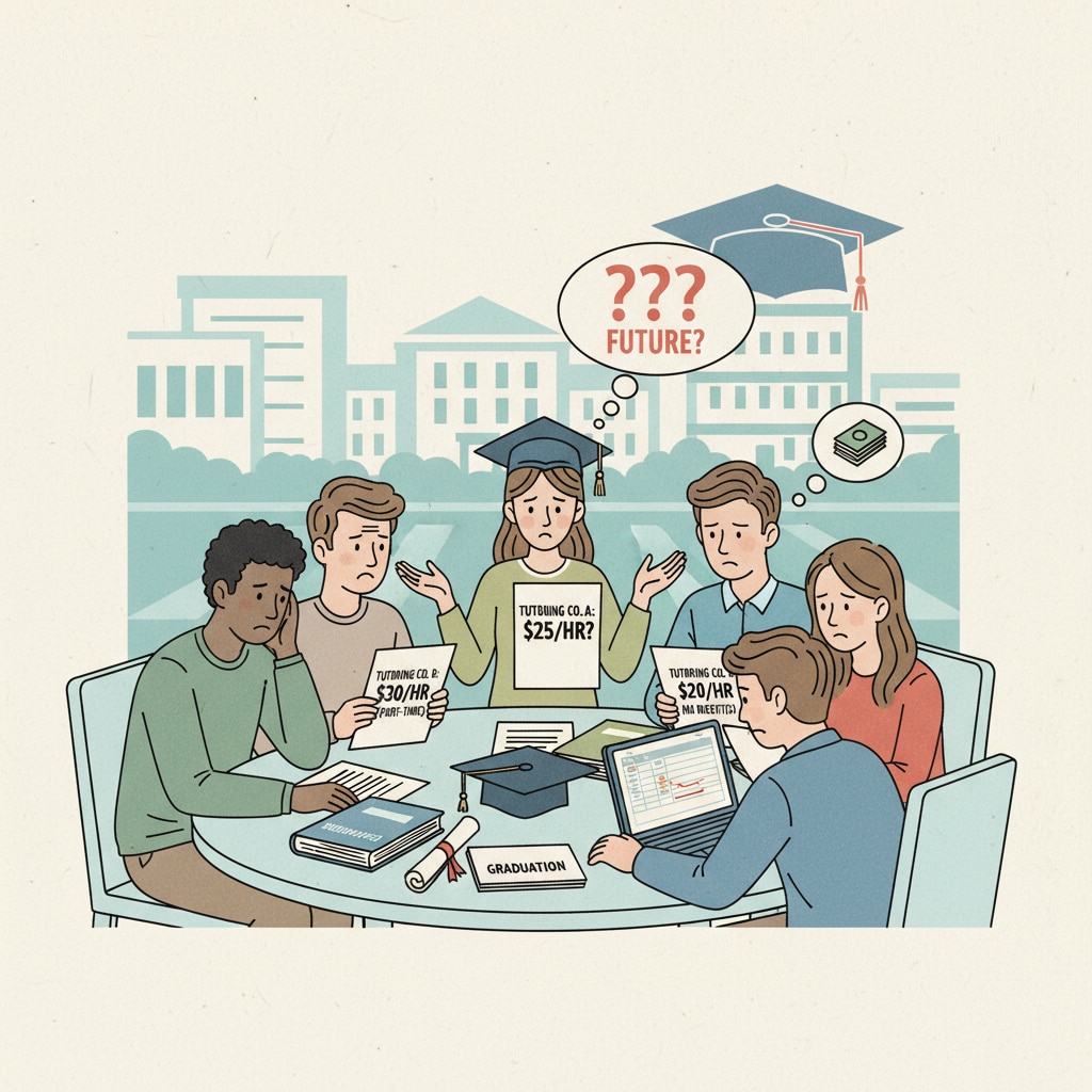 University graduates in Australia discussing low - paying job offers from tutoring companies