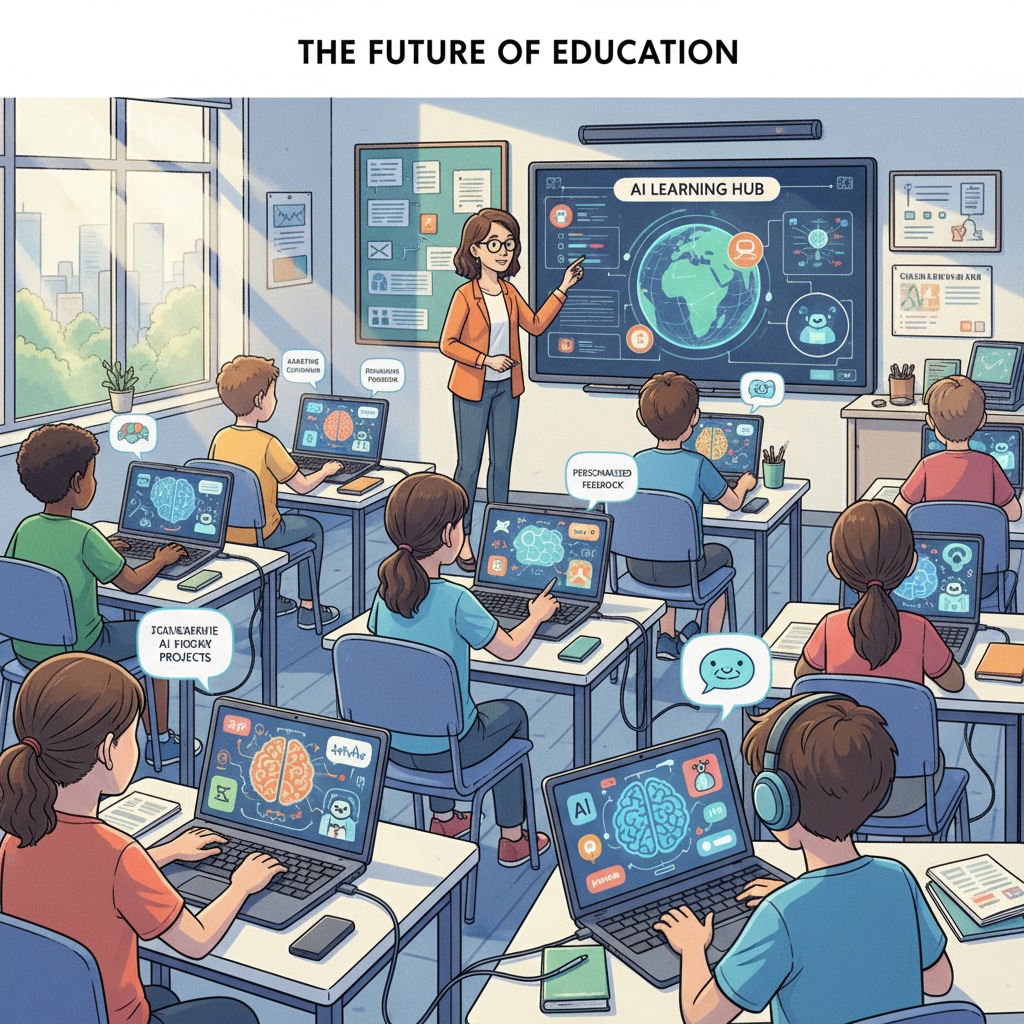 Students are seen using laptops with AI educational software in a classroom, showing the integration of AI in learning. Students using AI tools in a classroom related to education assessment and grade inflation