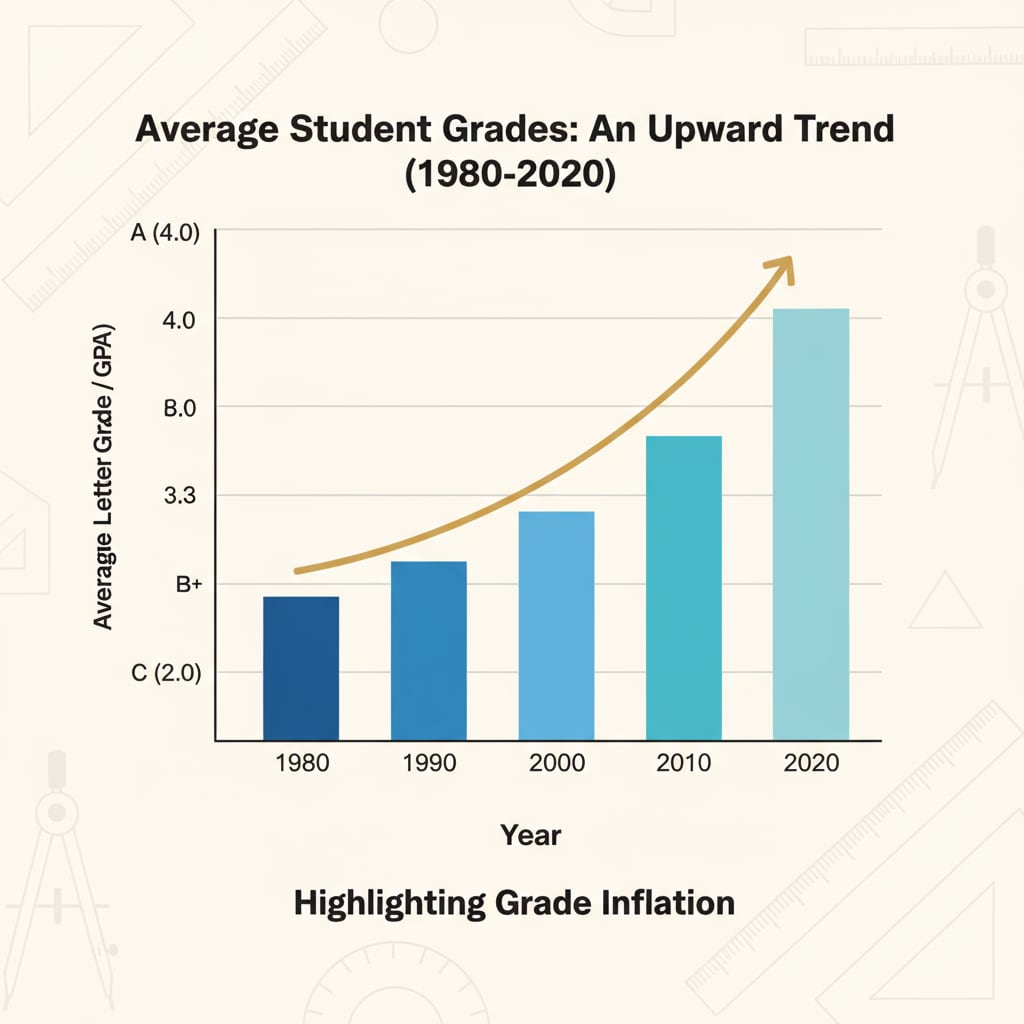 A bar graph shows the upward trend of average grades over the years, highlighting grade inflation in education. Graph depicting the increase in grade inflation in the context of AI in education assessment