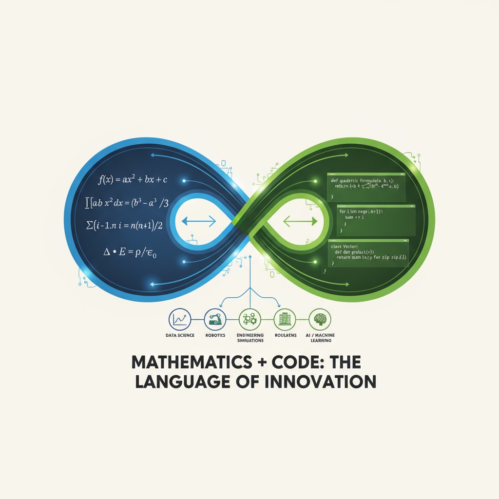 An illustration that depicts how mathematical equations and programming code are intertwined, highlighting their connection in various applications. Illustration showing the connection between math equations and programming code for students considering European study in math and programming