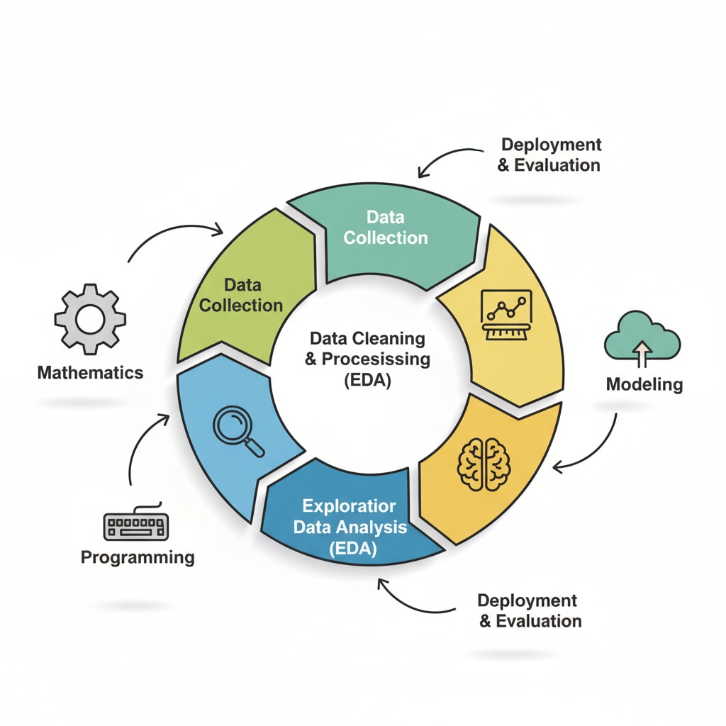 A graphical representation that shows the different processes involved in data science, with arrows indicating how math and programming are integral parts of data analysis and manipulation. Graphical representation of data science processes involving math and programming for European study majors
