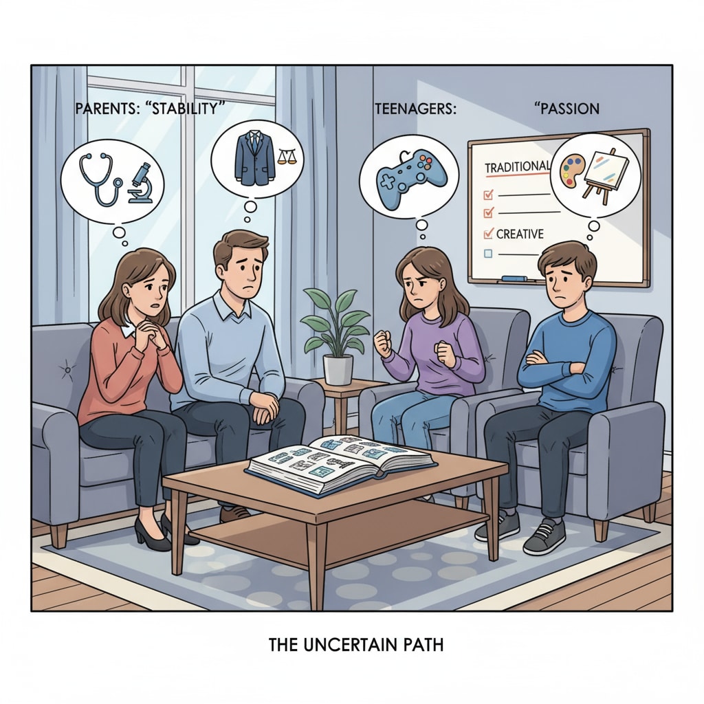 A scene where parents and teenagers are having a serious conversation about different career paths, with a tense atmosphere. Parents and teenagers in a serious conversation about career paths related to parent-child conflict in career choices and military education