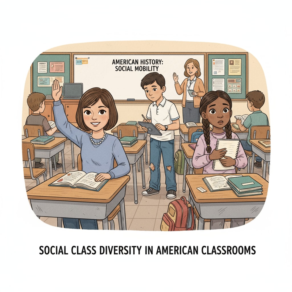 A classroom scene in an American school with students of different social backgrounds. Some students are well-dressed and seem confident, while others look less affluent. This shows the social class differences among students in American schools. American school students from different social classes in a classroom