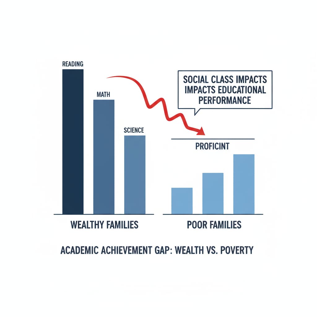 A graph presenting the disparities in test scores between students from wealthy and poor families in American schools. The scores of students from wealthy families are consistently higher, indicating the impact of social class on educational performance. Graph showing test score differences among American school students of different social classes