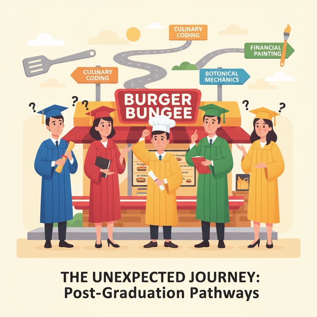 A group of young graduates looking a bit confused near a fast food joint, symbolizing the unexpected career paths they might take. Young graduates near a fast food restaurant, representing the connection between university degrees, employment, and the fast food industry