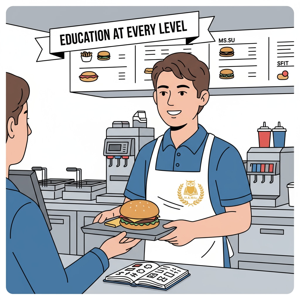 A person with a master's degree insignia working at a fast food counter, indicating the presence of highly educated in the fast food industry. A master's degree holder working in the fast food industry, related to university degrees, employment, and the fast food industry
