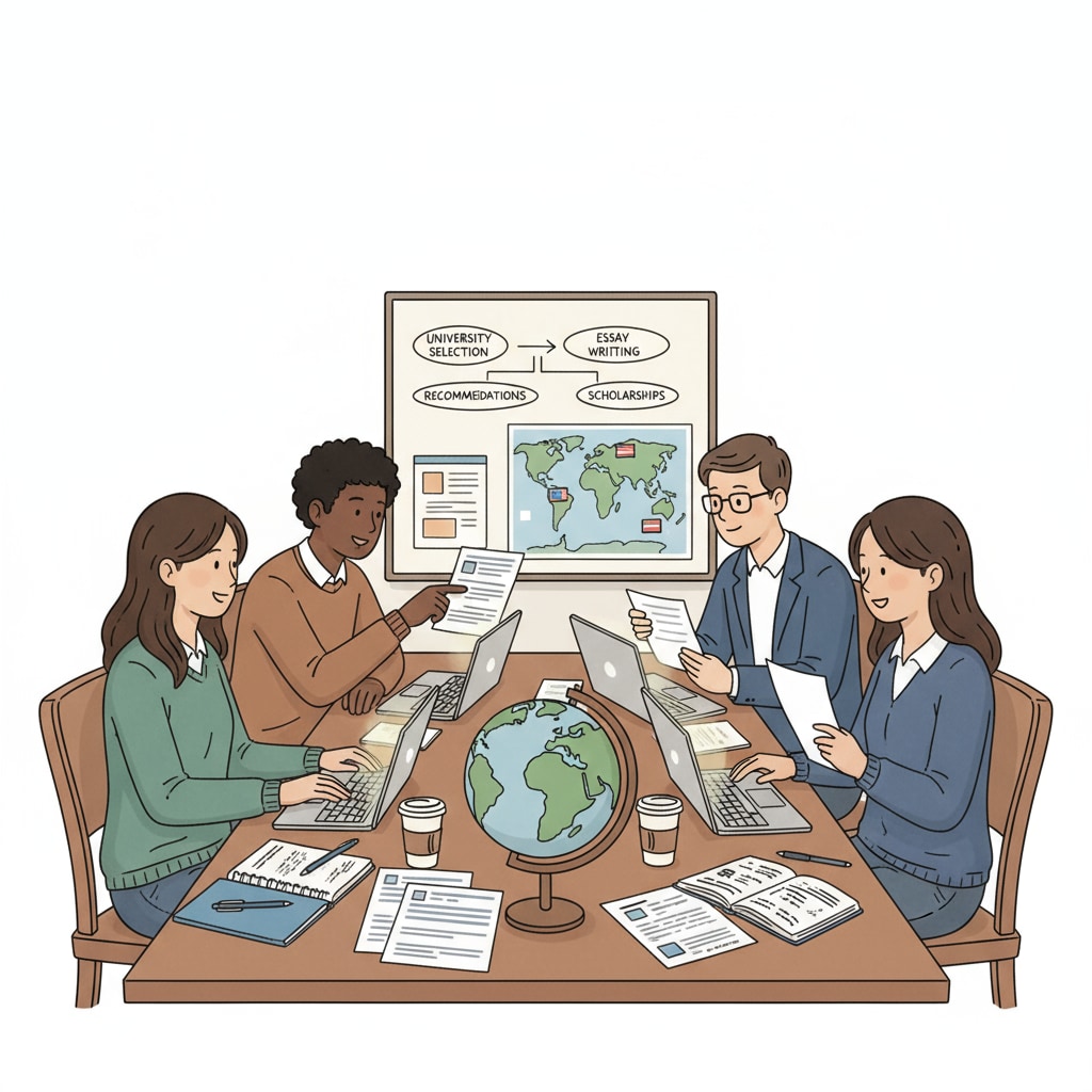 A group of international students sitting around a table, discussing their university applications, with papers and laptops in front of them. International students engaged in university application discussions