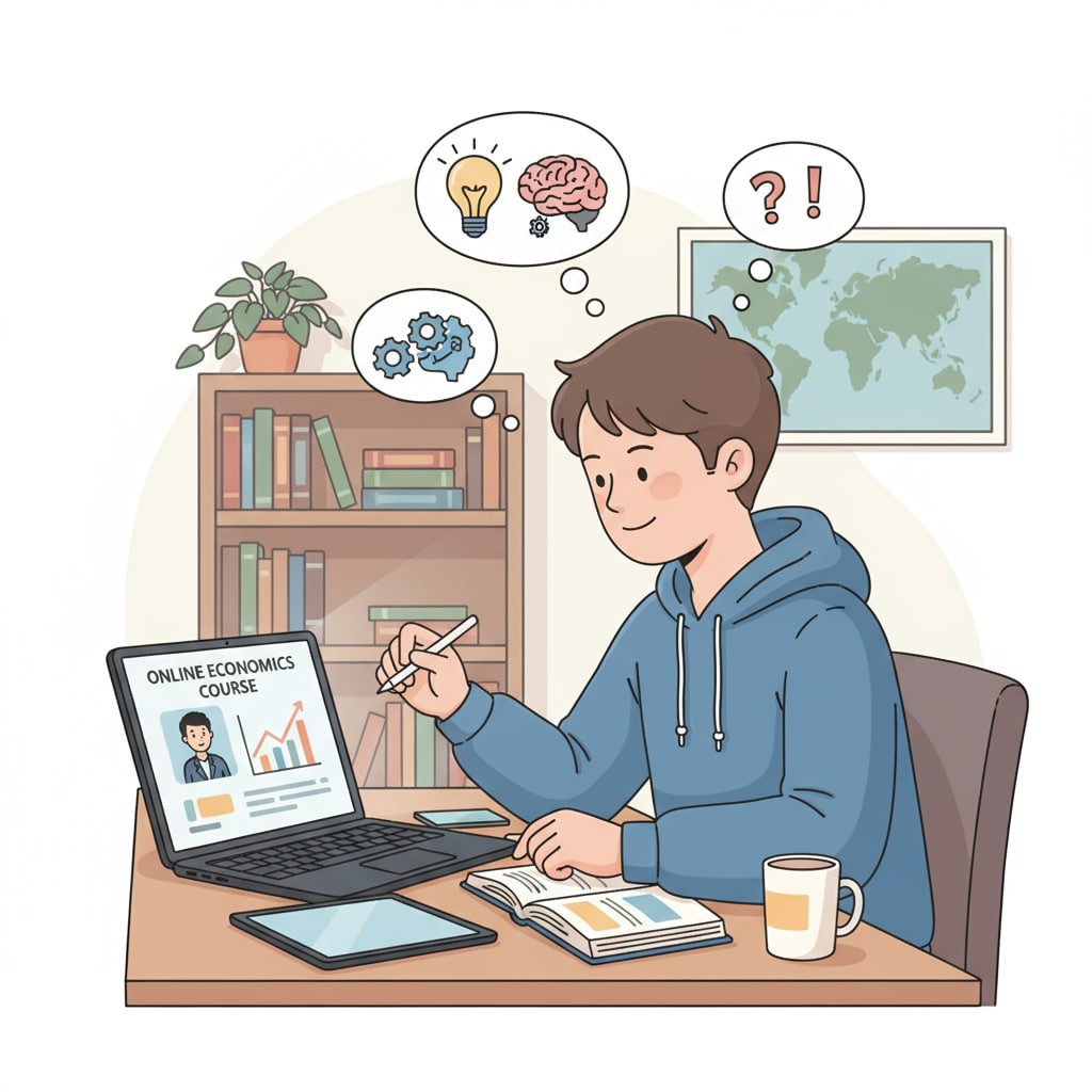 A student sitting at a desk, focused on a laptop screen, taking an online course. Student studying an online course for university applications