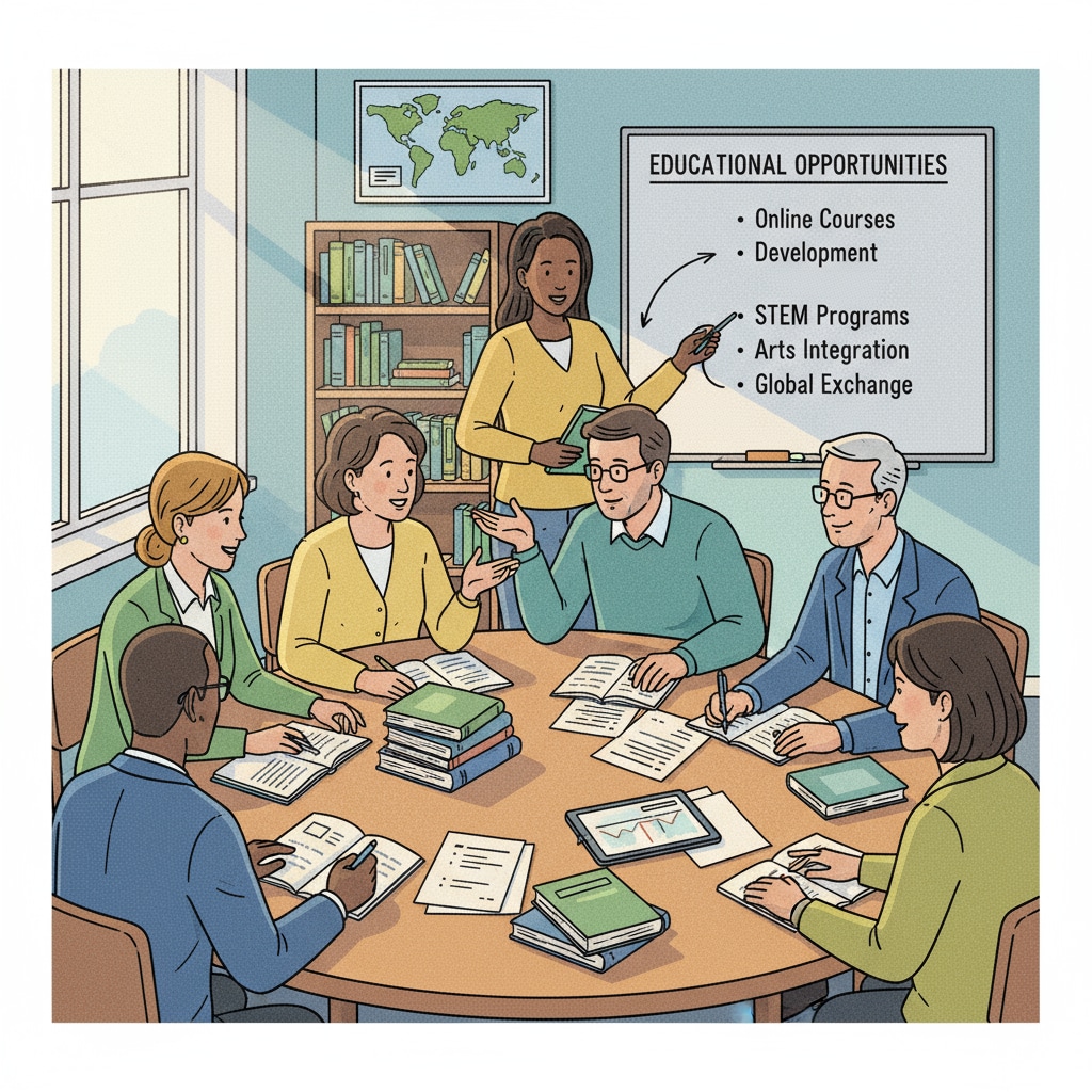 A group of K12 educators are sitting around a table, discussing various educational opportunities available to them, with books and papers scattered on the table. K12 educators discussing educational advancement, career choices, and further education opportunities