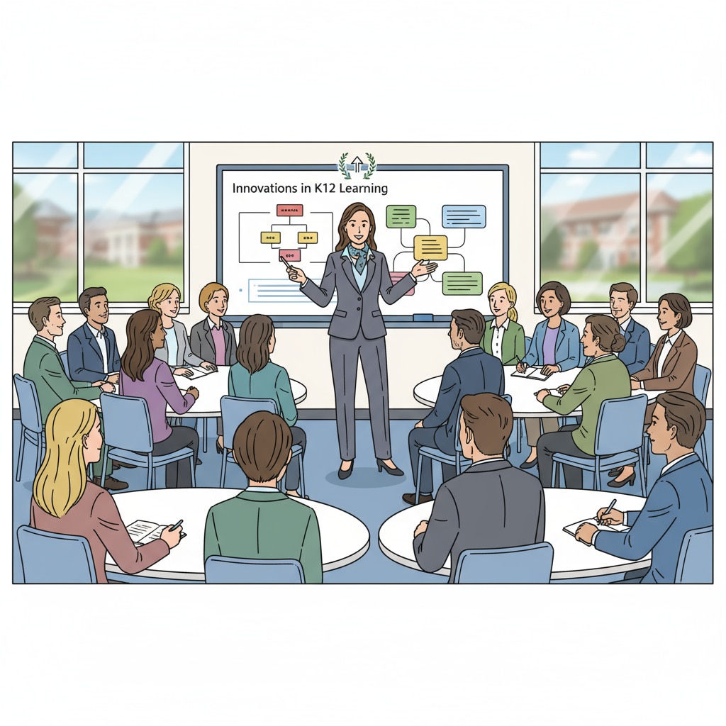 A K12 educator is standing in front of a group, presenting some ideas, wearing a professional suit, indicating a leadership role. K12 educator in a leadership role related to educational advancement, career choices, and further education