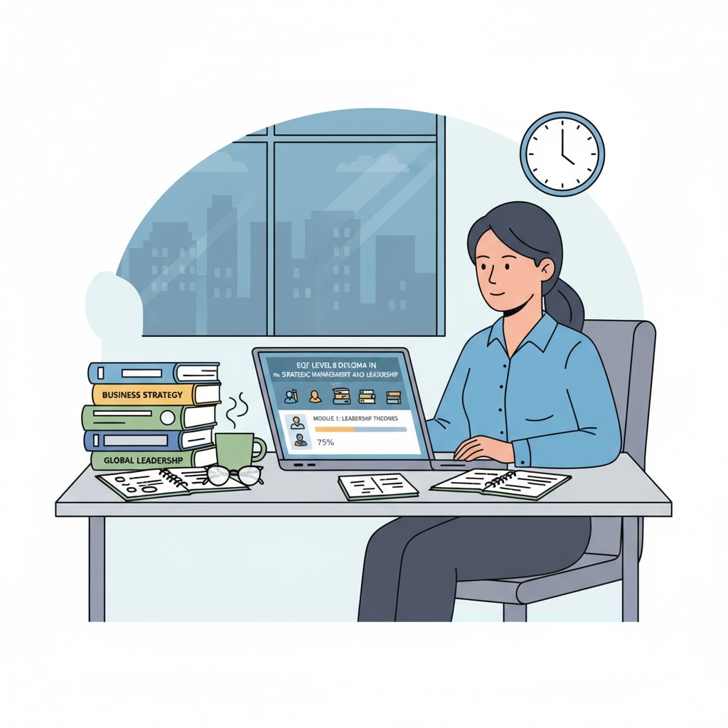 An illustration shows a full - time worker sitting at a desk, with a laptop open, studying EQF 8 courses online. There are books and notes beside the laptop, indicating the dedication to learning. A full - time worker studying EQF 8 courses online