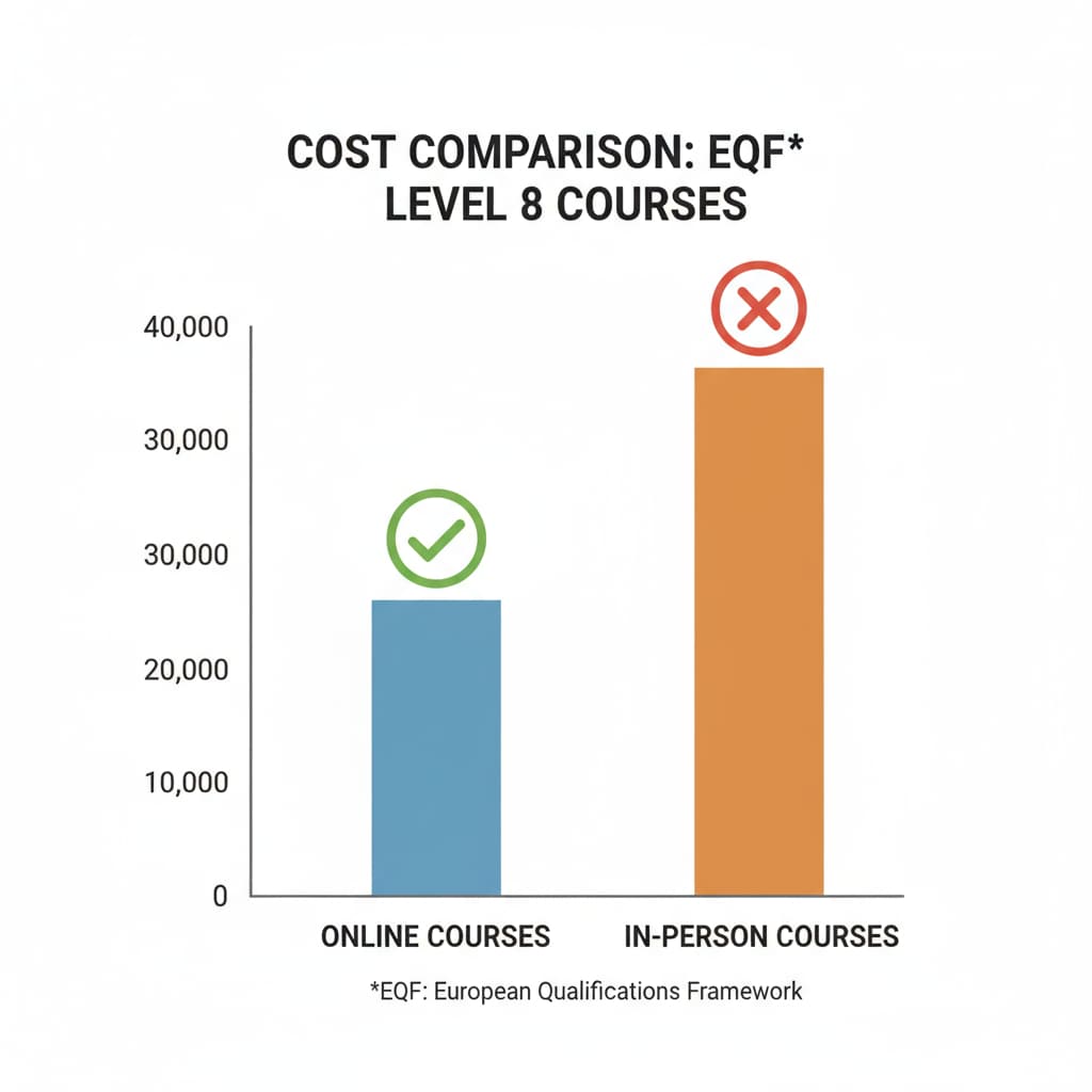 A bar graph compares the cost of online EQF 8 courses and in - person EQF 8 courses. The bars clearly show that online courses are more cost - effective. Comparison of the cost of online and in - person EQF 8 courses