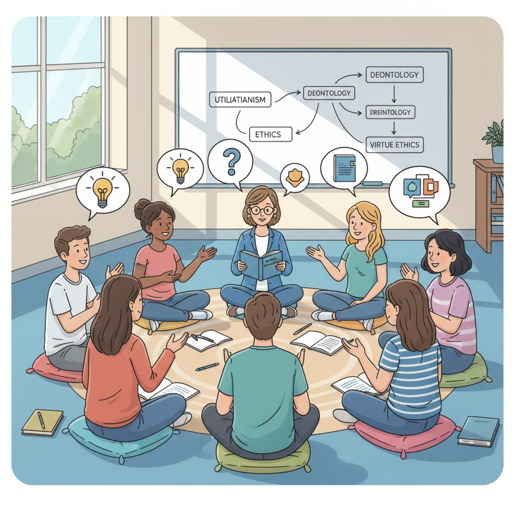 A classroom scene where students are engaged in a discussion about moral philosophy. Students are sitting in a circle, actively sharing their thoughts and ideas. Students discussing moral philosophy in a K12 classroom, highlighting the connection between moral philosophy, ethics, empathy, and education.