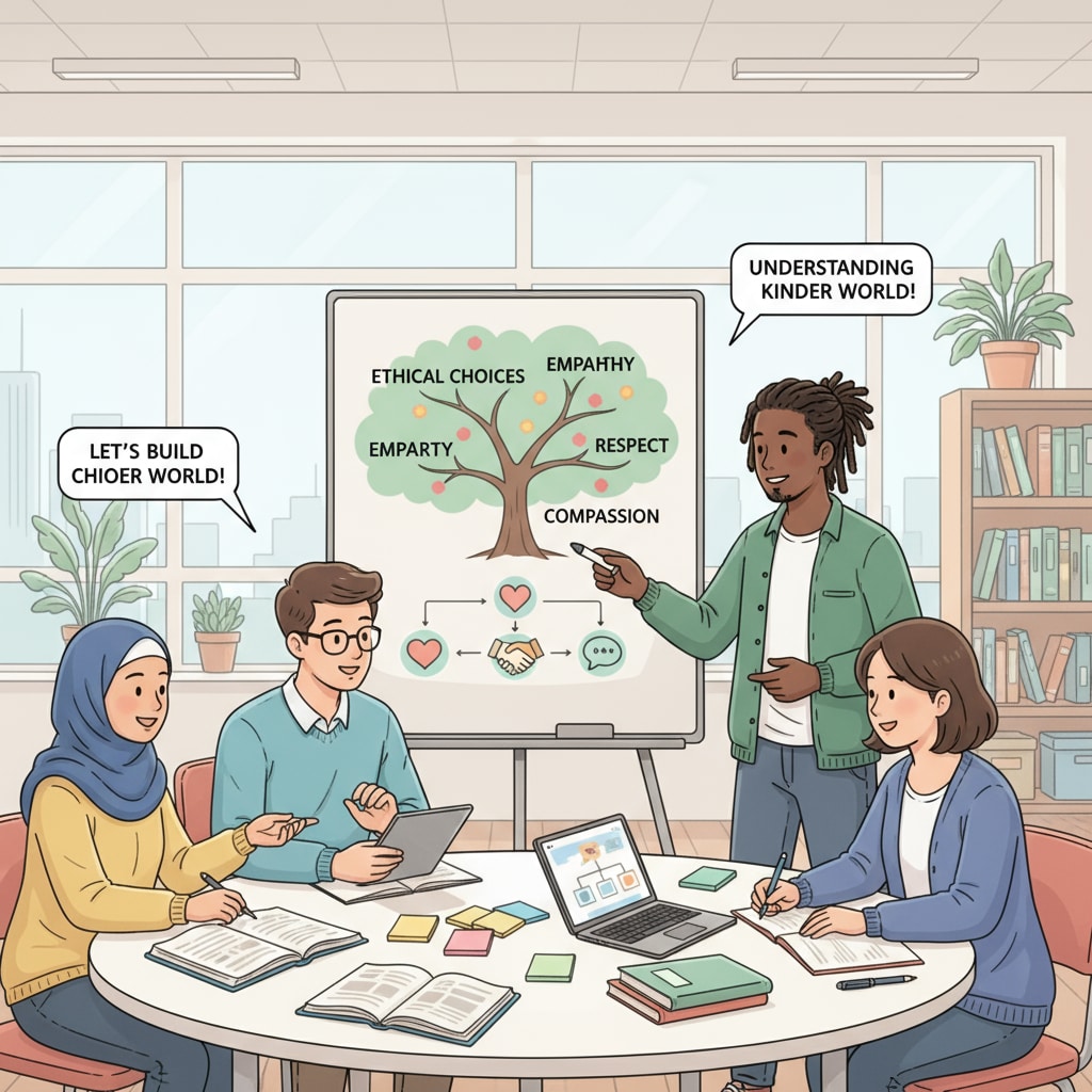 A group of students collaborating on a project related to ethical and empathetic behavior. They are working together, showing teamwork and understanding. Students collaborating on an ethical and empathetic project in K12 education, emphasizing the importance of moral philosophy, ethics, empathy, and education.