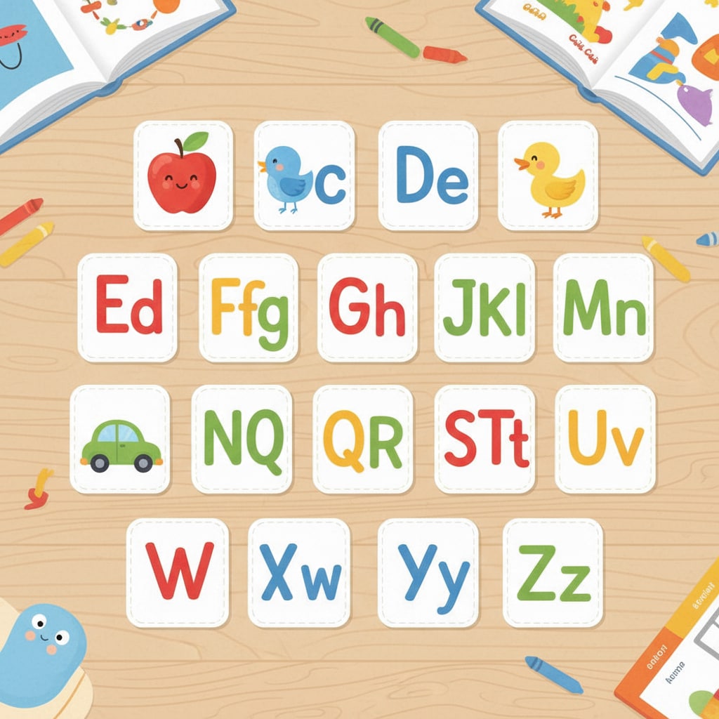 A set of colorful alphabet flashcards laid out on a table. Colorful alphabet flashcards for teaching fundamental literacy in adolescent education as part of teaching planning.