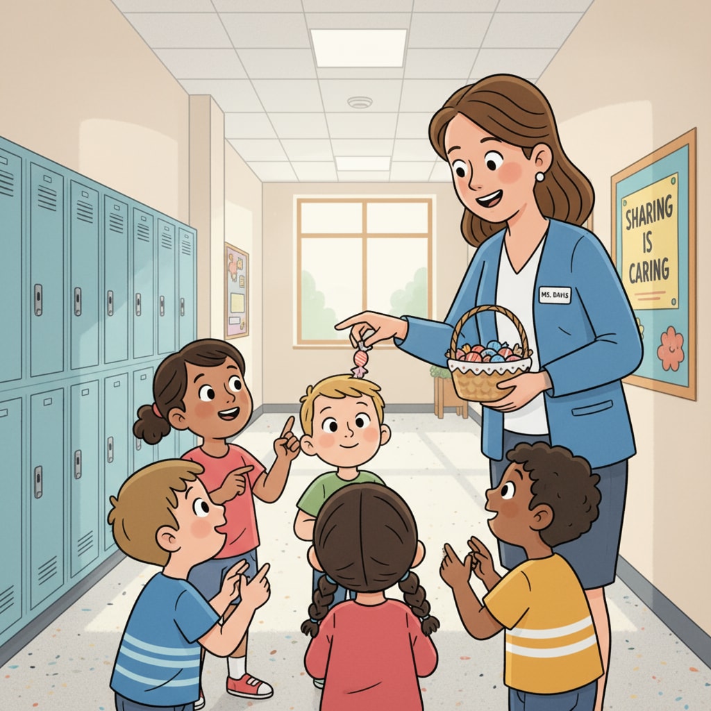 A group of children are in a school corridor. Some of them are looking up at an adult with eager expressions, as if they are asking for candy. This scene represents the common situation in a school where children might approach educators for treats. Children in a school corridor asking an adult for candy, highlighting school relationships, kinship interactions, and children's behavior