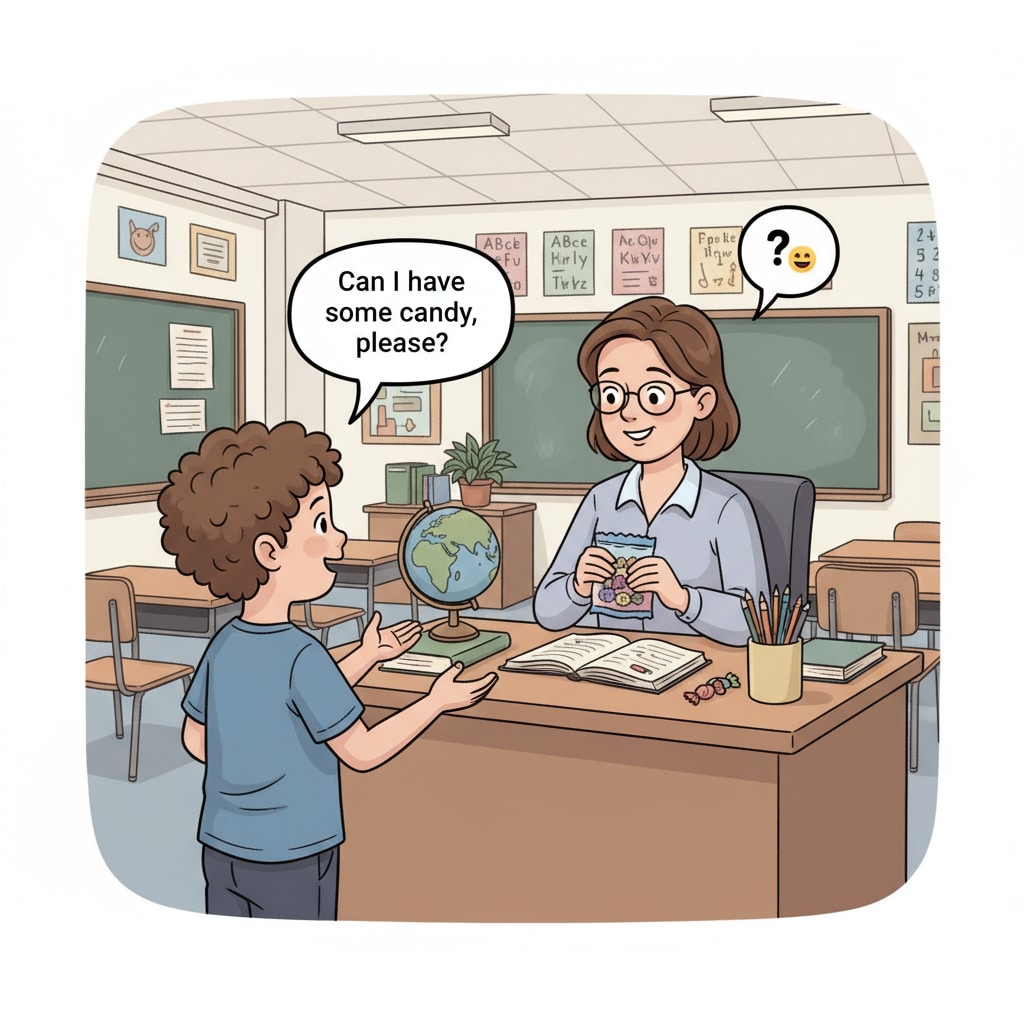 A single child is standing in front of a teacher's desk. The child has their hand outstretched, clearly asking for candy. This visual shows the direct interaction between a child and an educator regarding candy requests. A child asking a teacher for candy, related to school relationships, kinship interactions, and children's behavior