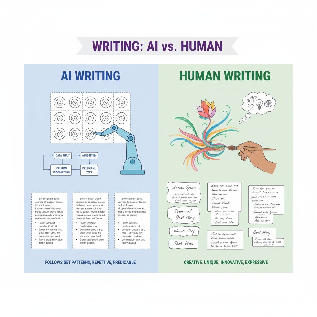 A visual comparison of how AI writing follows set patterns and human writing shows creativity and uniqueness. Comparison of AI writing and human writing characteristics for better understanding