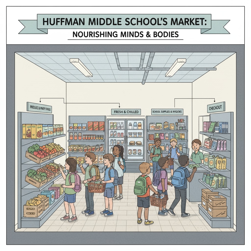 A view of Huffman Middle School's in-school grocery store, showing shelves stocked with various products Huffman Middle School in Birmingham's in-school grocery store interior
